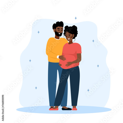 Family expecting for baby. Couple in love thinking about of their unborn child. Future father and mother. Happy husband hugs pregnant wife. Parenthood concept. Vector illustration in cartoon style.