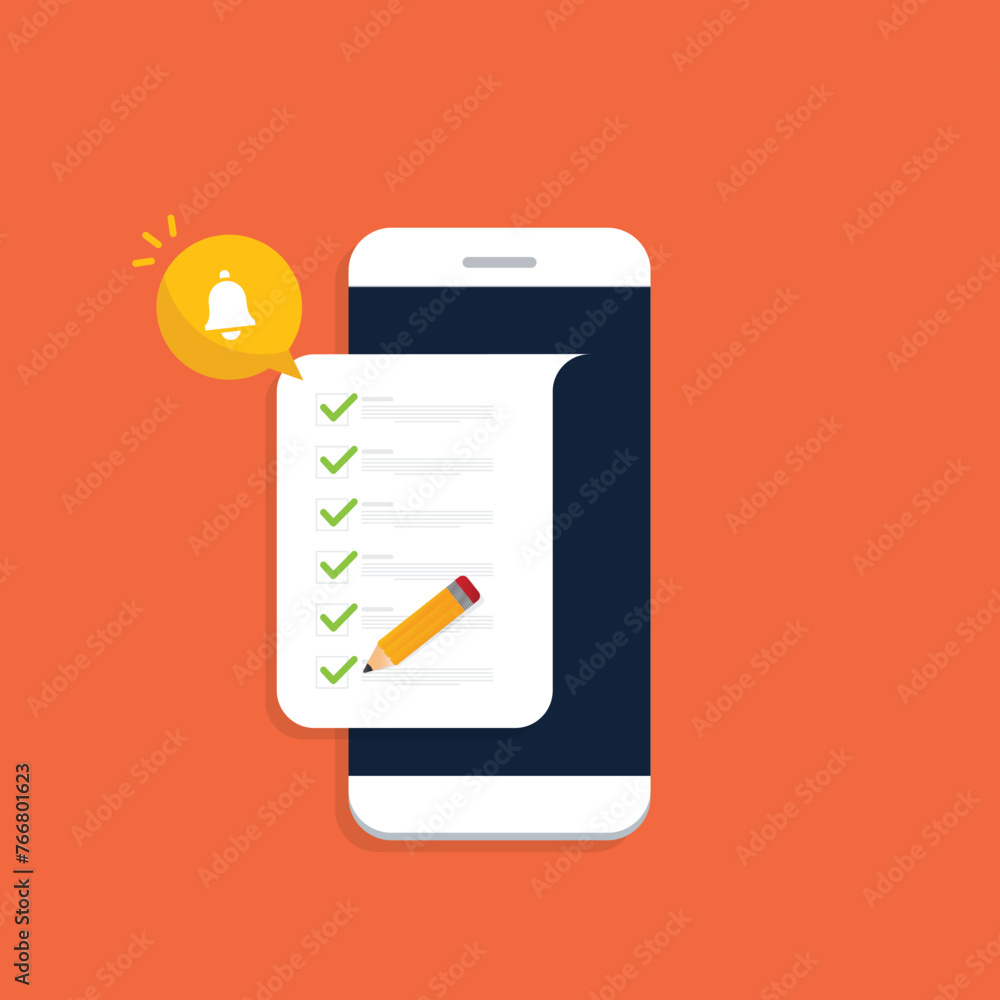 Check list document on smartphone, smartphone with paper check list and to do list with checkboxes, concept of survey, online quiz, completed things or done test, feedback. Check list document on smartphone, smartphone with paper check list and to do list with checkboxes, concept of survey, online quiz, completed things or done test, feedback.