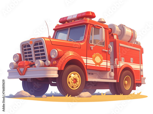Fire truck in cartoon style. Graphic resource with transparent background for flyers and invitations for children's parties