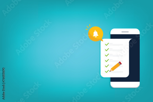 Check list document on smartphone, smartphone with paper check list and to do list with checkboxes, concept of survey, online quiz, completed things or done test, feedback.