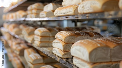 Bread bakery food factory with white bread on shelves