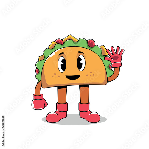 Playful taco mascot vector illustration featuring a cheerful taco character with vibrant colors. Ideal for food branding, restaurant logos, menu designs, and promotional