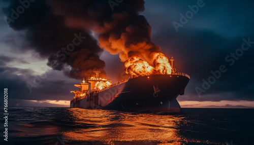 A large ship is on fire in the ocean © terra.incognita