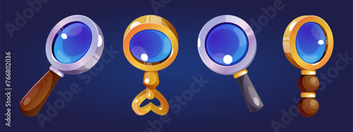 Zoom with magnify glass and search lens icon set. Game lupa to find or focus element. Discover and monitoring information or analyze seo equipment. Scientific detective seek and spy tool design
