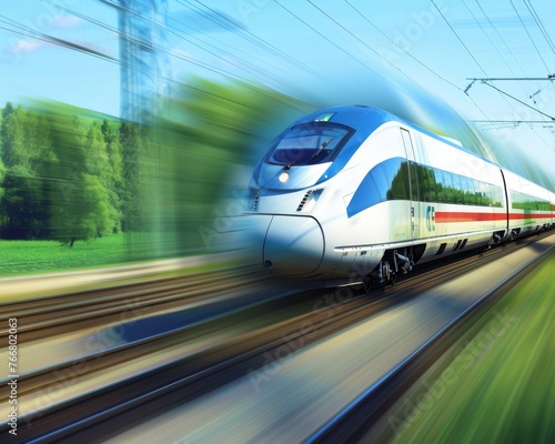 A realistic depiction of a train zooming past with motion blur effects