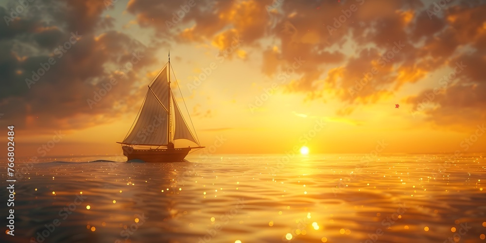 Majestic Sailboat Voyage into a Glowing Sunset Over the Tranquil Ocean - obrazy, fototapety, plakaty 