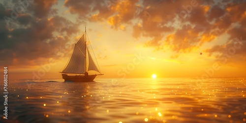 Majestic Sailboat Voyage into a Glowing Sunset Over the Tranquil Ocean