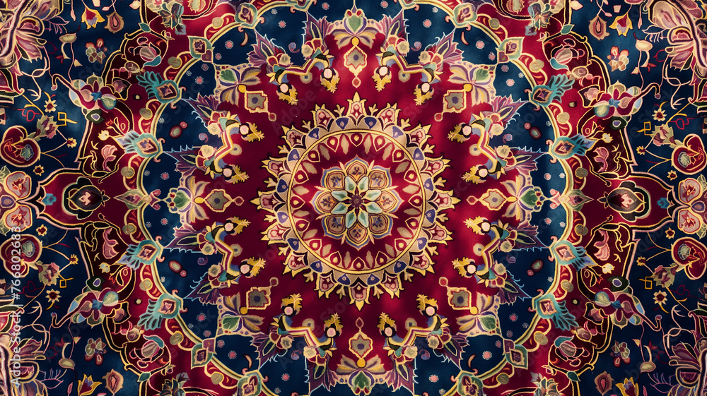 Persian carpet texture with round mandala pattern, Traditional Middle Eastern fabric texture.