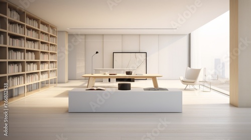A sleek and modern digital reading room in a library of the futureStudio shot luxurious design elegant simplicity