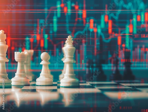 As the market fluctuates chess pieces on a board against a stock graph react to each thunderclap a duel of finance and foresight