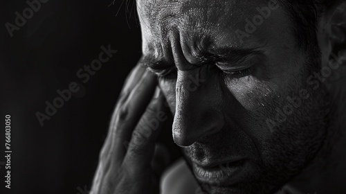 somber stock image of a depressed man with black tone and black background showing inner turmoil and emotional suffering © CinimaticWorks