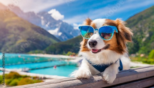 Pawsitively Relaxed: A Stylish Dog in Glasses Lounging Poolside" © Sadaqat