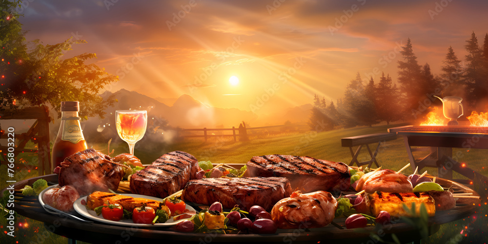 Assorted meat grilling over a bbq cooking food muslims festival eid ul azha recipes sunny sky background - obrazy, fototapety, plakaty 