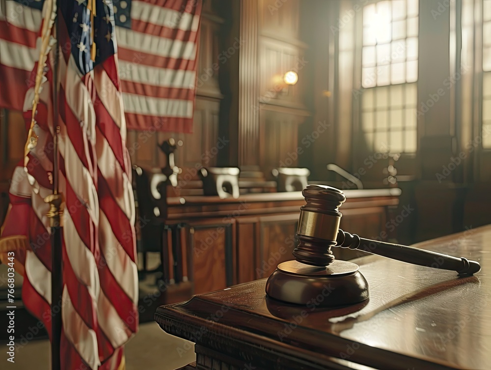 A focused image of a wooden gavel on a judge's bench in a courtroom, with the American flag prominently displayed in the background, symbolizing the administration of justice in the United States. A focused image of a wooden gavel on a judge's bench in a courtroom, with the American flag prominently displayed in the background, symbolizing the administration of justice in the United States.