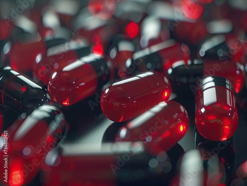 A close-up of numerous glossy red and black capsules captured with a bokeh effect, highlighting pharmaceutical precision and healthcare products. medicine, bokeh, precision, pills, shiny, medication
