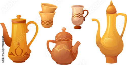 Old Arabic teapot and coffee cup Ramadan cartoon. Turkish arab heritage tea pot icon and clipart set. Golden or copper vintage islamic drink hospitality symbol. Eastern traditional oriental pitcher