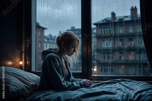 sad young woman sitting on the windowsill and looking at the rain