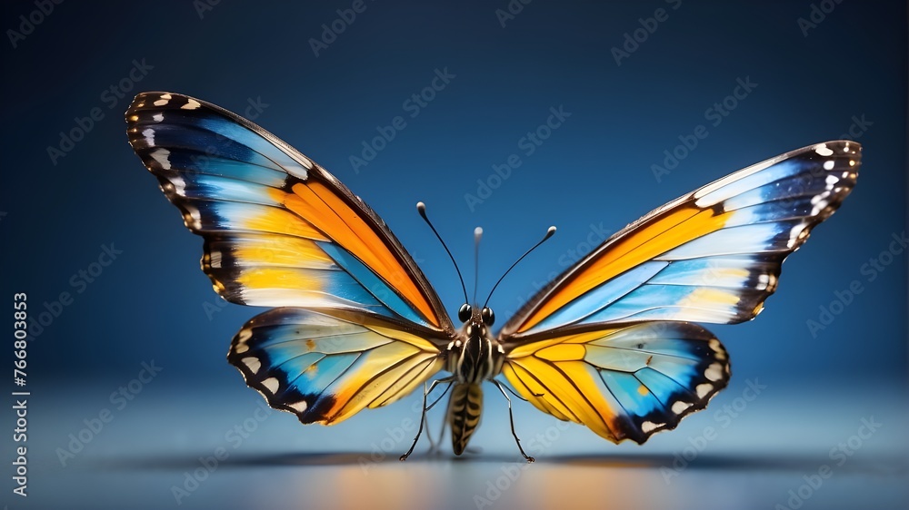 Beautiful butterfly in flight, isolated on a translucent background and colored blue, yellow, orange. Beautiful butterfly in flight, isolated on a translucent background and colored blue, yellow, orange.