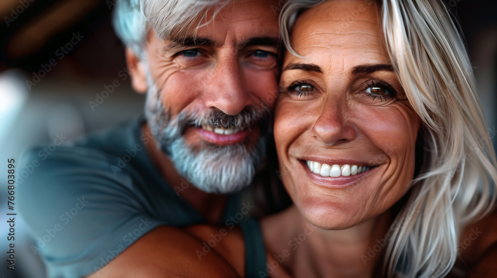 close-up of a happy mature couple embracing, with warm smiles and affectionate gaze close-up of a happy mature couple embracing, with warm smiles and affectionate gaze