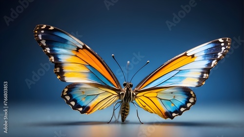 Beautiful butterfly in flight, isolated on a translucent background and colored blue, yellow, orange.
