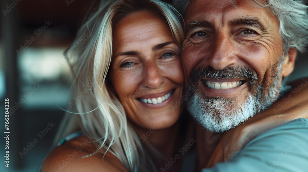 close-up of a happy mature couple embracing, with warm smiles and affectionate gaze close-up of a happy mature couple embracing, with warm smiles and affectionate gaze