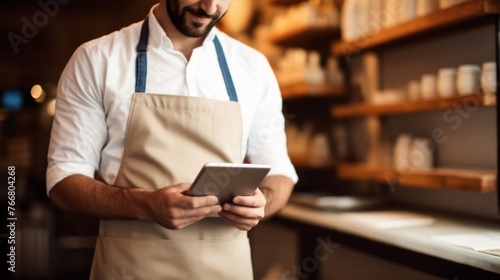 Fototapeta Naklejka Na Ścianę i Meble -  Smiling Male Chef Using Tablet in Restaurant