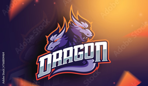 Purple two dragon heads gaming logo template for esport