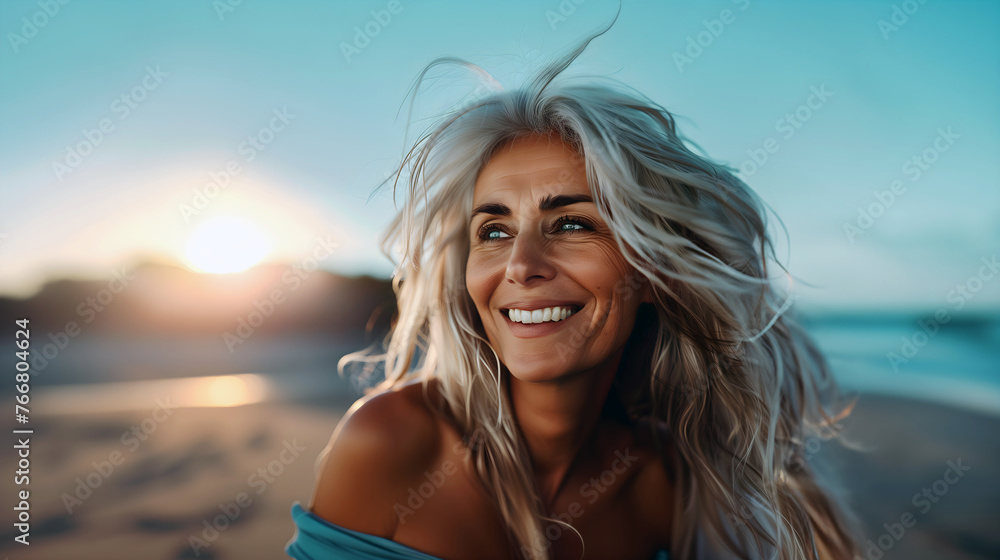 close-up of a tan, middle-aged woman with a radiant smile, sparkling blue eyes, and windblown platinum blonde hair, against a backdrop of a beach sunset close-up of a tan, middle-aged woman with a radiant smile, sparkling blue eyes, and windblown platinum blonde hair, against a backdrop of a beach sunset