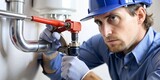 Closeup of Plumber Fixing Pipe with Wrench
