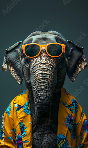 An Elephant with Eye protection in the form of sunglasses and a yellow shirt, representing a fun and entertaining look at an event © Oleksandra