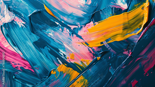 Contemporary art. An intensely colourful and bright close-up of an abstract painting. strong colours, pattern, and texture in the brushwork. 