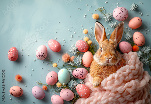 Easter background with a cute bunny, pastel eggs, and knitted blanket on a blue table, flat-lay-top view. photo