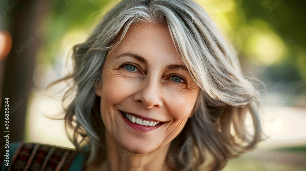 Portrait of a graceful mature woman silver hair and bright blue eyes, offering a warm, inviting smile in sunlit park Portrait of a graceful mature woman silver hair and bright blue eyes, offering a warm, inviting smile in sunlit park