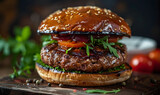 A gourmet venison burger with char-grilled patty, arugula, red onion, and sesame bun on a rustic wooden background.