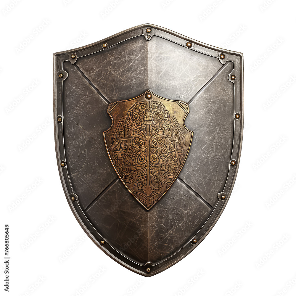 A brown leather shield with a lion emblem on it