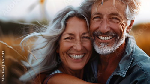 Mature husband and wife with silver hair embrace on a windy day on a farm or field outdoors photo