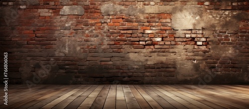 Spacious room containing only a sturdy brick wall and a polished wooden floor, creating a simple yet classic interior