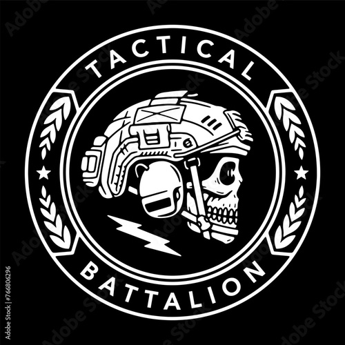 SKULL WITH A MILITARY HELMET BADGE TACTICAL BATTALION WHITE BLACK BACKGROUND