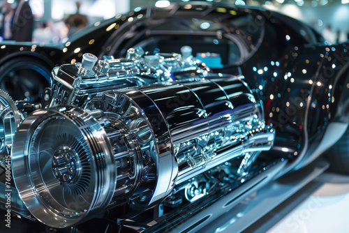 Close-up of the engine of a modern electric car. 3D rendering