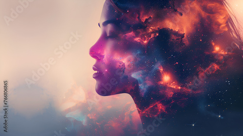 Abstract silhouette of a face, animation of the movement of light Futuristic woman with a glowing brain symbol, surrounded by abstract lights, AI generated, Generative Ai