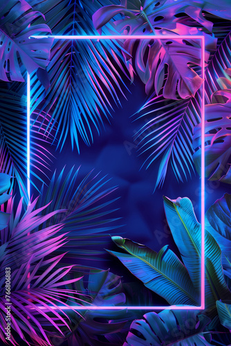 Glowing neon frame set in a tropical environment