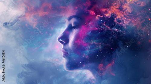 Abstract silhouette of a face, animation of the movement of light Futuristic woman with a glowing brain symbol, surrounded by abstract lights, AI generated, Generative Ai photo