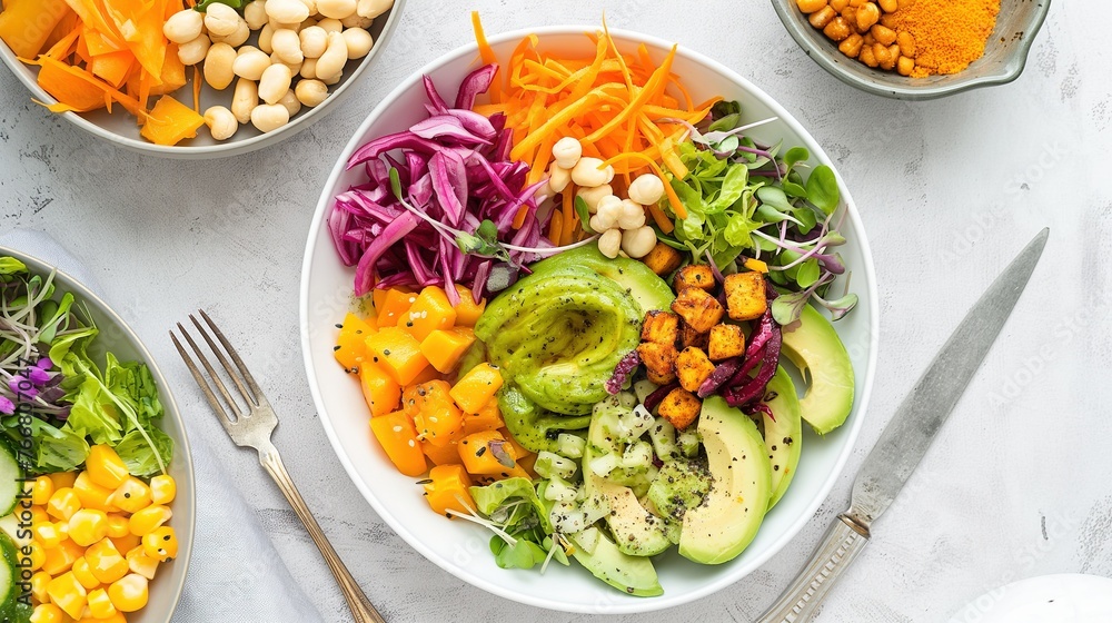 Bowl with avocado, chickpeas, arugula, mango, carrots and healthy vegetables for proper fractional nutrition and diet, a beautiful figure for summer Bowl with avocado, chickpeas, arugula, mango, carrots and healthy vegetables for proper fractional nutrition and diet, a beautiful figure for summer