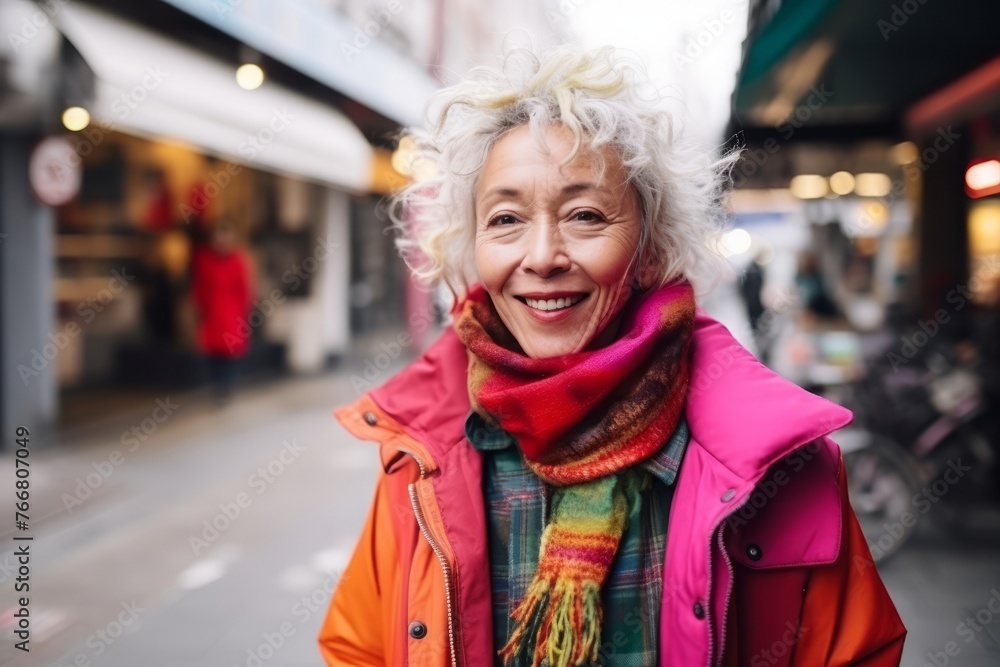 Portrait of happy senior woman walking in city street at winter day Portrait of happy senior woman walking in city street at winter day