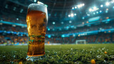 Refreshing beer glass on grass with football stadium background