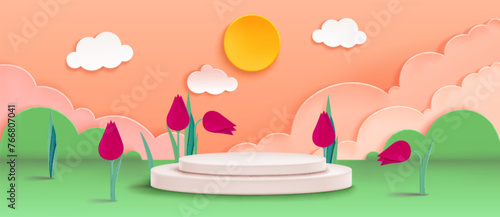 White cylinder product podium in paper cut spring or summer landscape with origami red tulip flowers, green leaves and grass, pink sky with clouds and sun. Realistic 3d vector goods display platform.