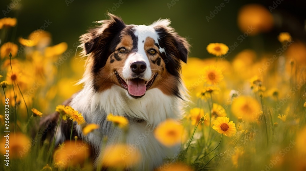 A dog is sitting in a field of yellow flowers