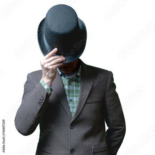 Stylish gentleman in bowler hat on white background