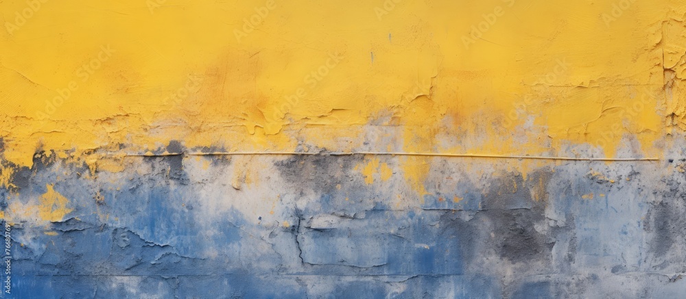 A close-up view of a colorful yellow and blue wall featuring a fire hydrant, adding a pop of color to the urban setting