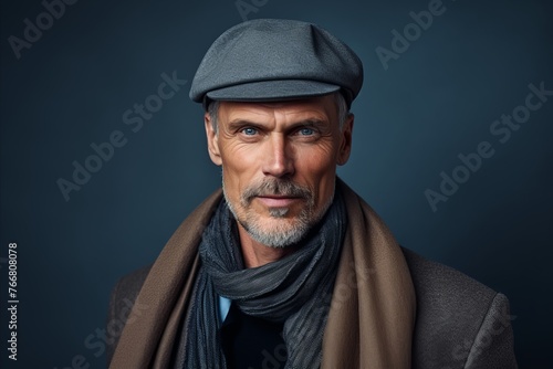 Portrait of a senior man in cap and scarf. Studio shot.